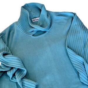 Ulla Popken Knit Sweater Plus Size 20/22 Teal Blue Cowl Neck Button Cuff Ribbed